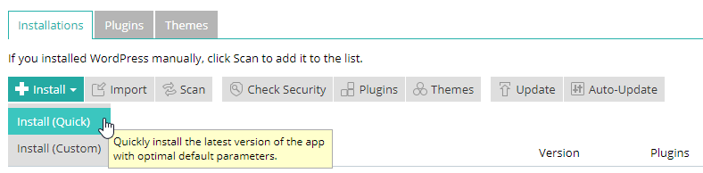 The WordPress Install button